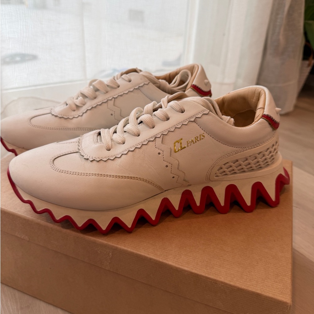 Christian Louboutin White and Red Spiked Sneakers - Picture 3 of 5